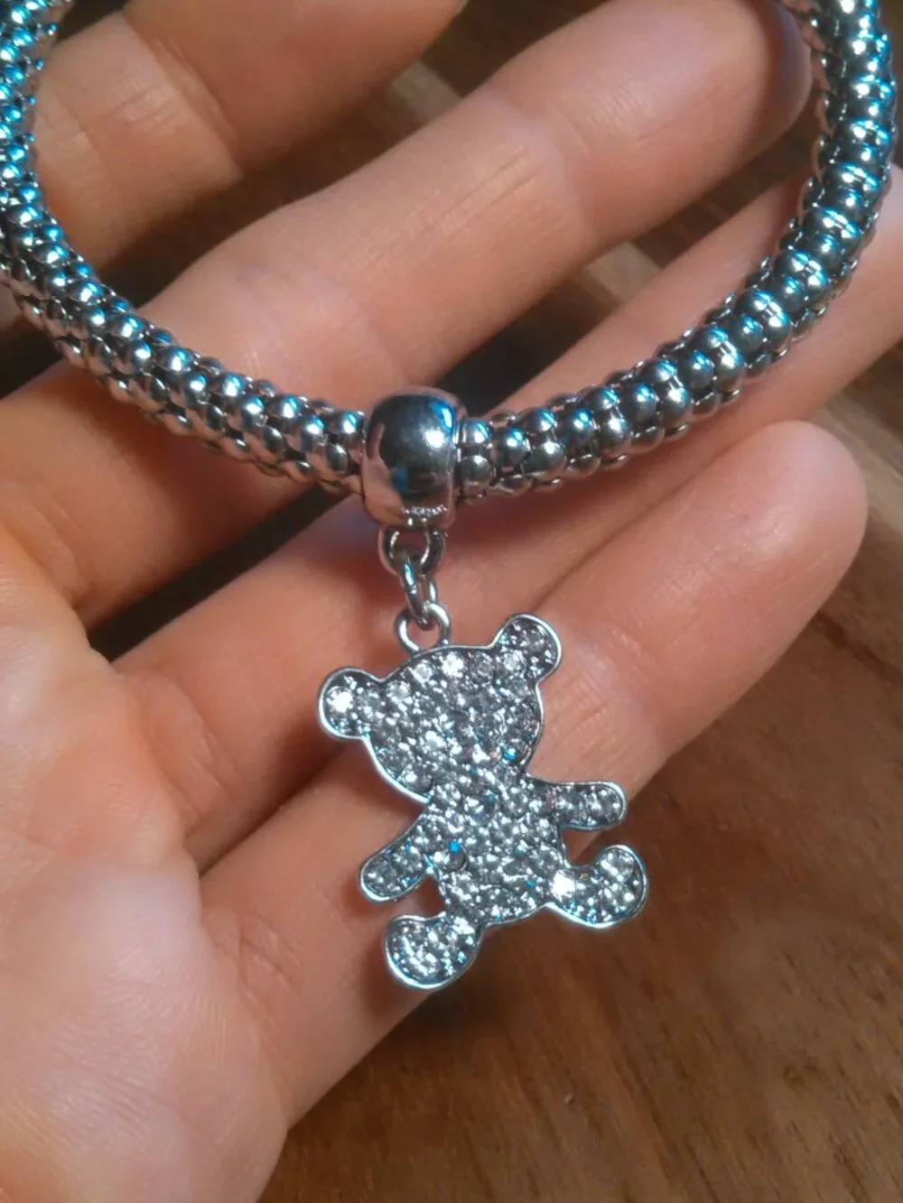 White Austrian Crystal Teddy Bear Silvertone Stretch Bracelet